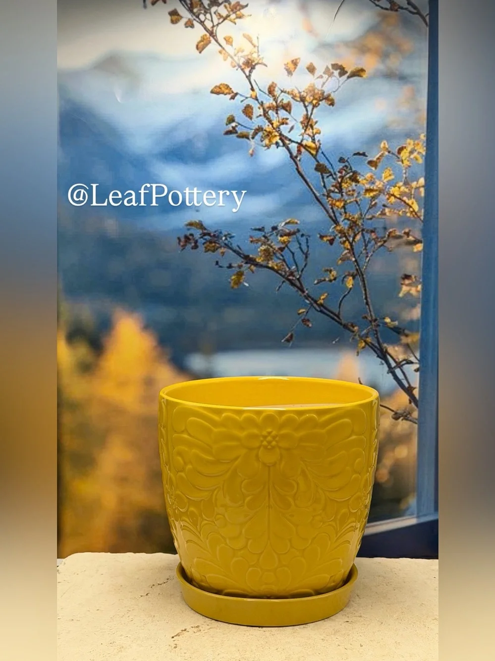 Yellow Floral Ceramic Planter Pot with Saucer Attached 8 Inch Flower Pot
